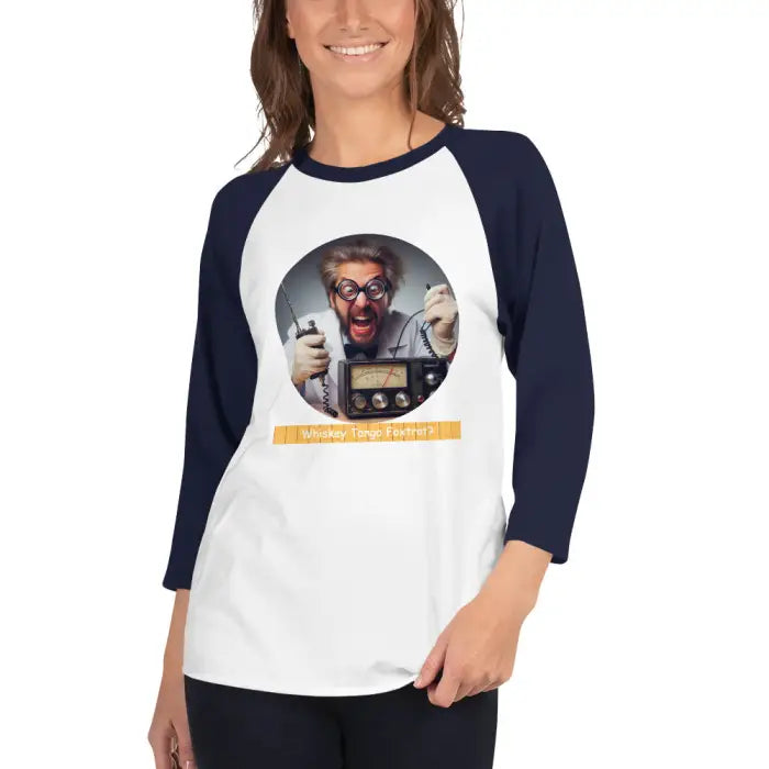 White and navy raglan shirt.