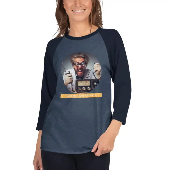 Navy blue raglan shirt with mad scientist graphic.
