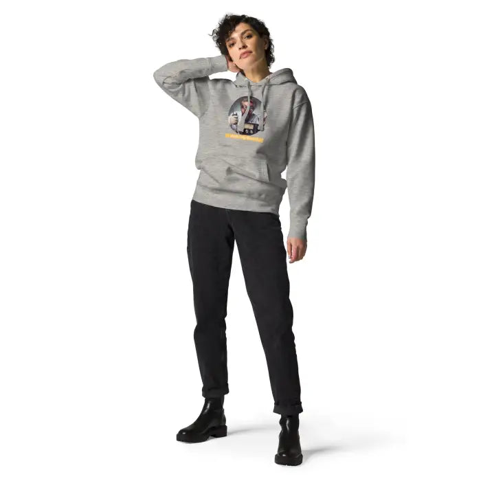 Gray hoodie with graphic.