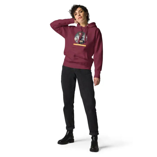 Burgundy hoodie with graphic.