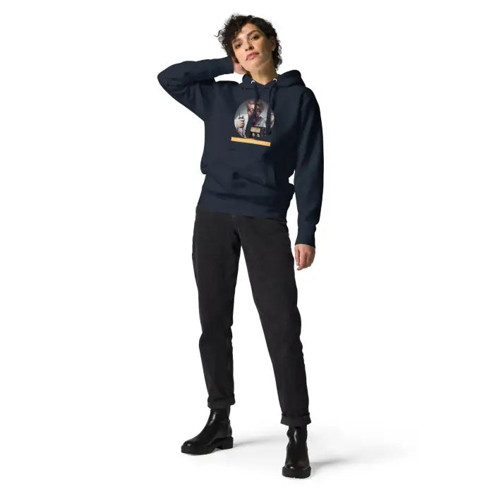 Navy hoodie with graphic.