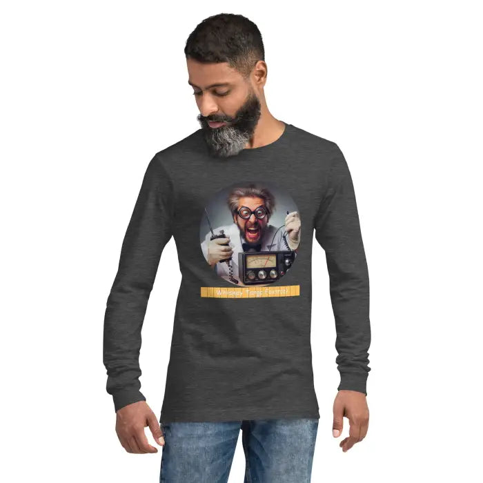 Gray long-sleeved shirt with mad scientist graphic.