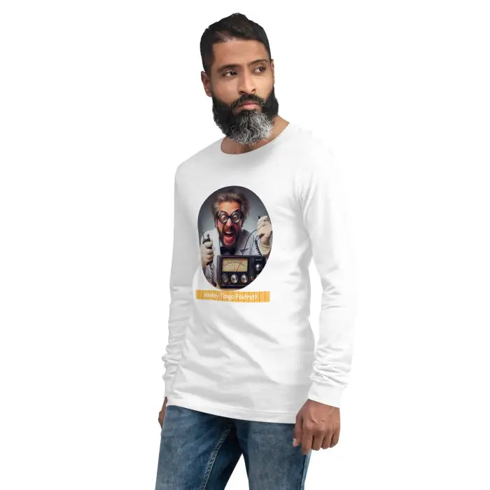 White long-sleeved shirt with mad scientist graphic.