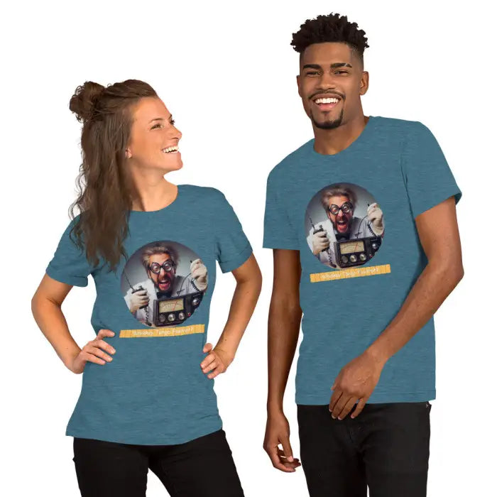 Matching teal t-shirts.