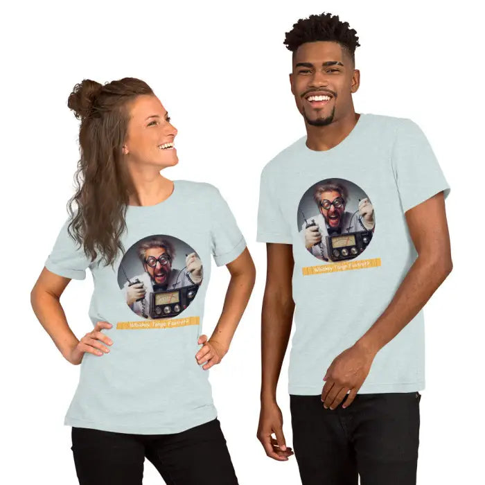 Matching light blue t-shirts.