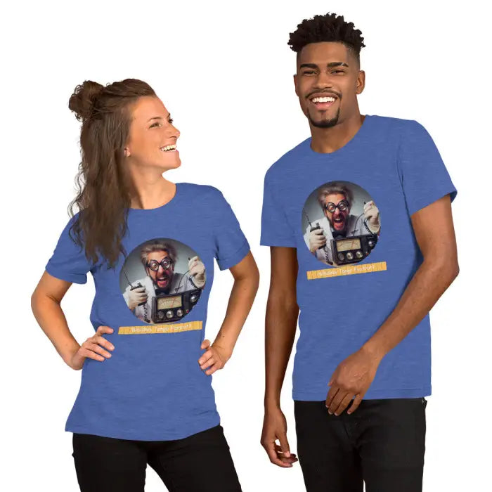 Blue t-shirts with mad scientist graphic.