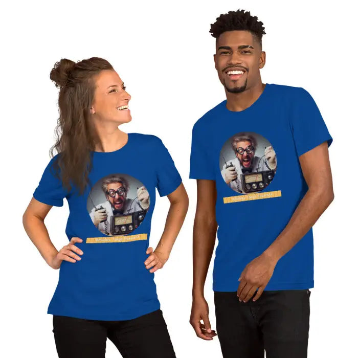 Matching blue t-shirts with a scientist graphic.