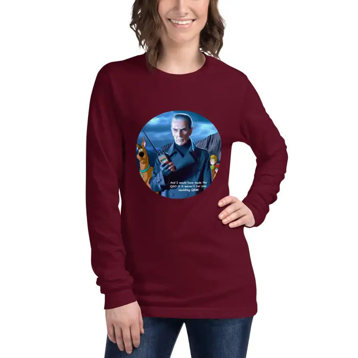 Maroon long-sleeved shirt.