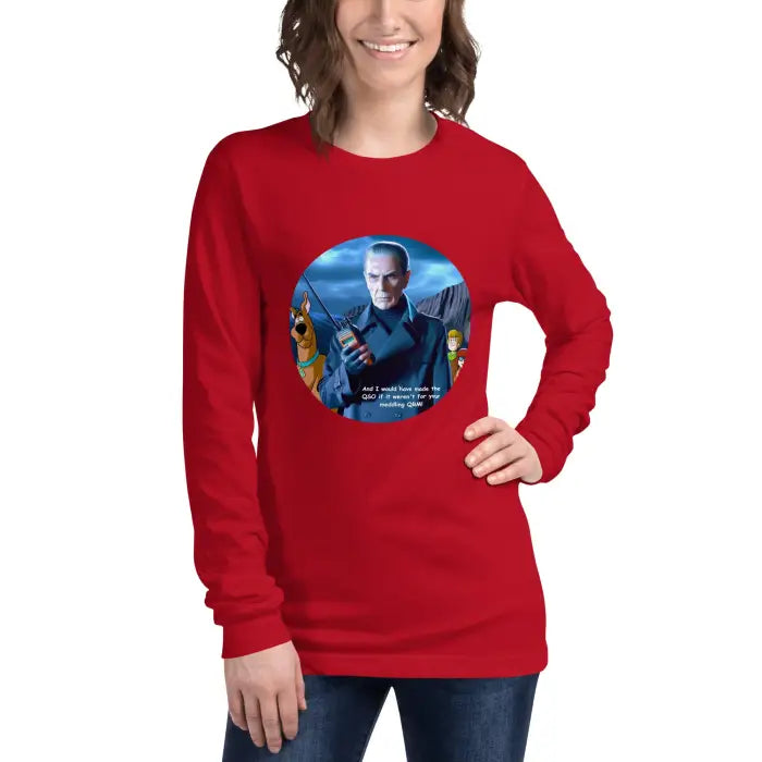 Red long-sleeved shirt with graphic.