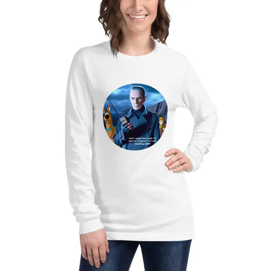 White long-sleeved shirt with graphic.