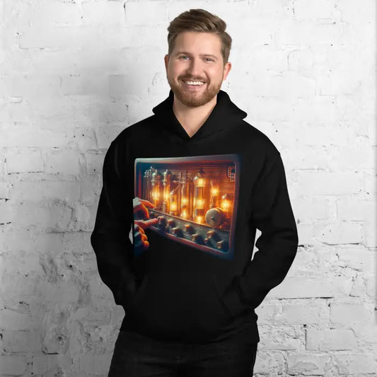 Black hoodie with vintage electronic equipment graphic.