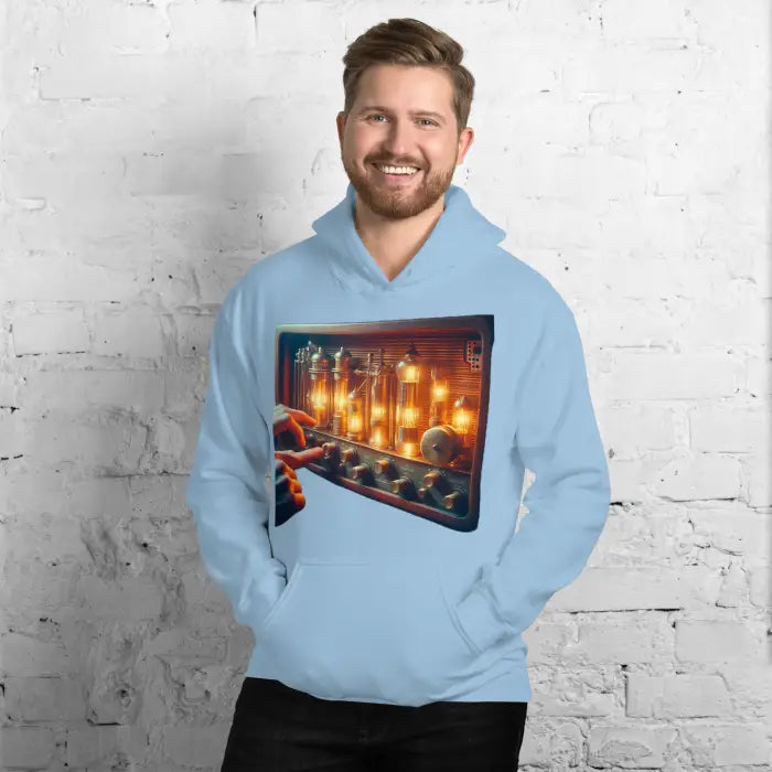 Light blue hoodie with vintage control panel graphic.