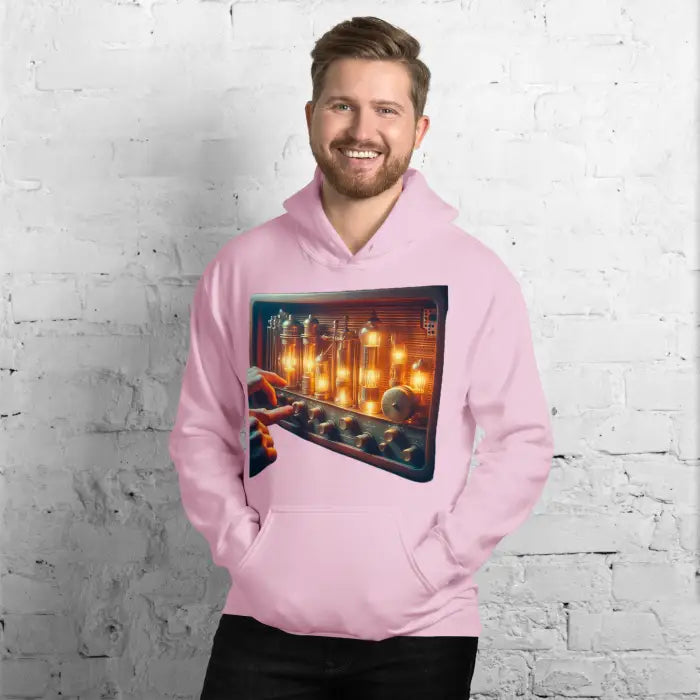 Pink hoodie with vacuum tube graphic.