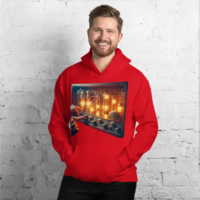 Red hoodie with vacuum tube graphic.