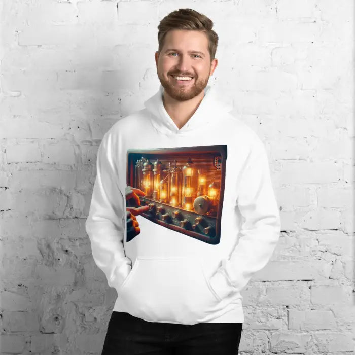 White hoodie with a vintage control panel graphic.