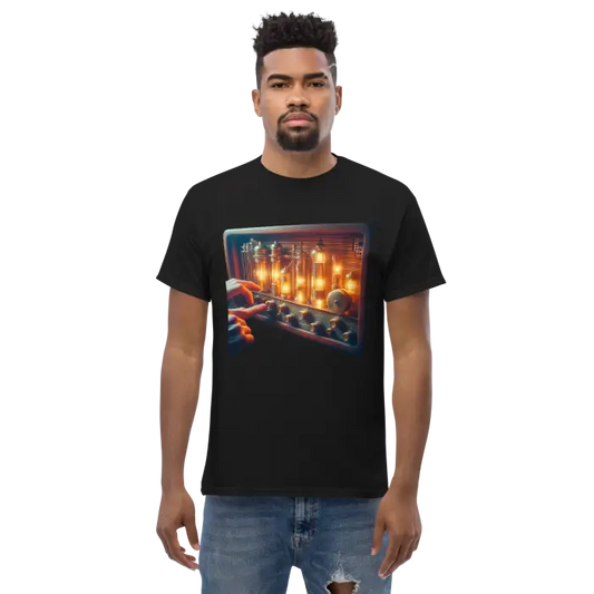 Black t-shirt with vacuum tube graphic.