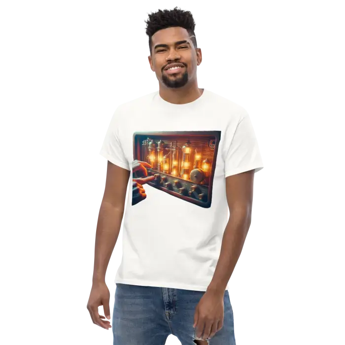 Man wearing a t-shirt with a vintage audio amplifier graphic.