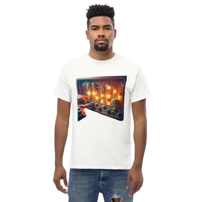 Man wearing a t-shirt with a vintage audio console graphic.