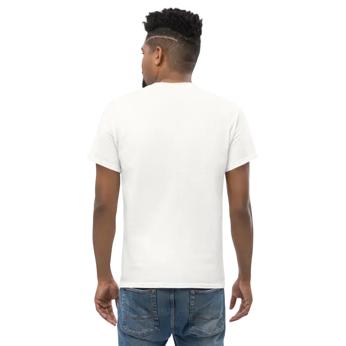 White t-shirt on a person.
