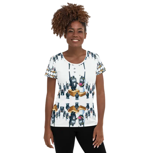 White t-shirt with walkie-talkie pattern.