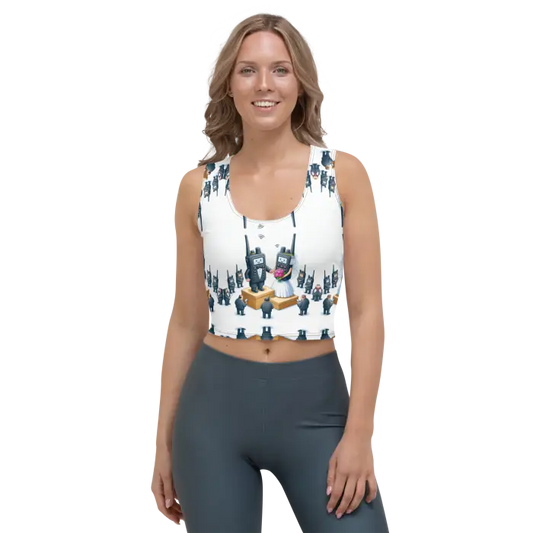 Woman wearing a patterned crop top.