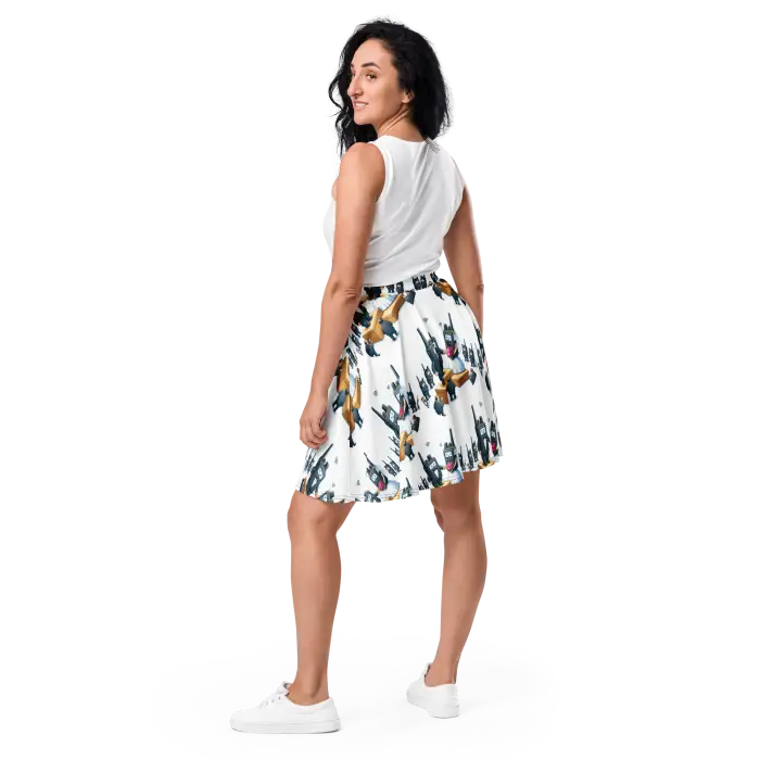 Woman in white top and patterned skirt.
