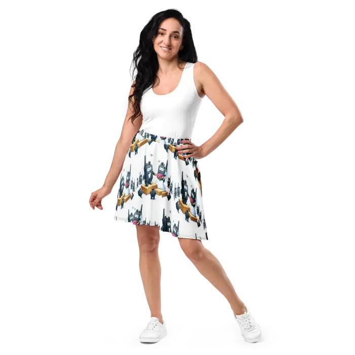 Woman in white top and patterned skirt.