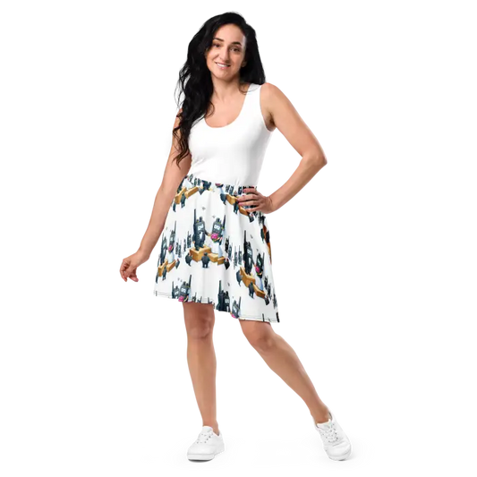 Woman in white top and patterned skirt.