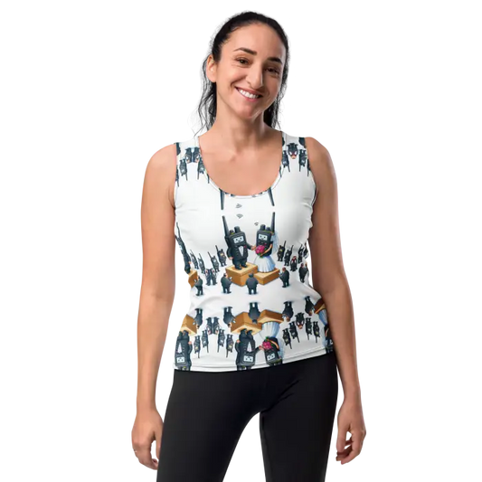 Woman wearing patterned tank top.