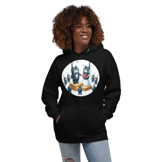 Black hoodie with walkie-talkie wedding graphic.