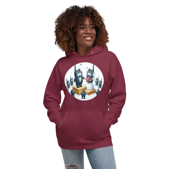 Maroon hoodie with walkie-talkie wedding graphic.