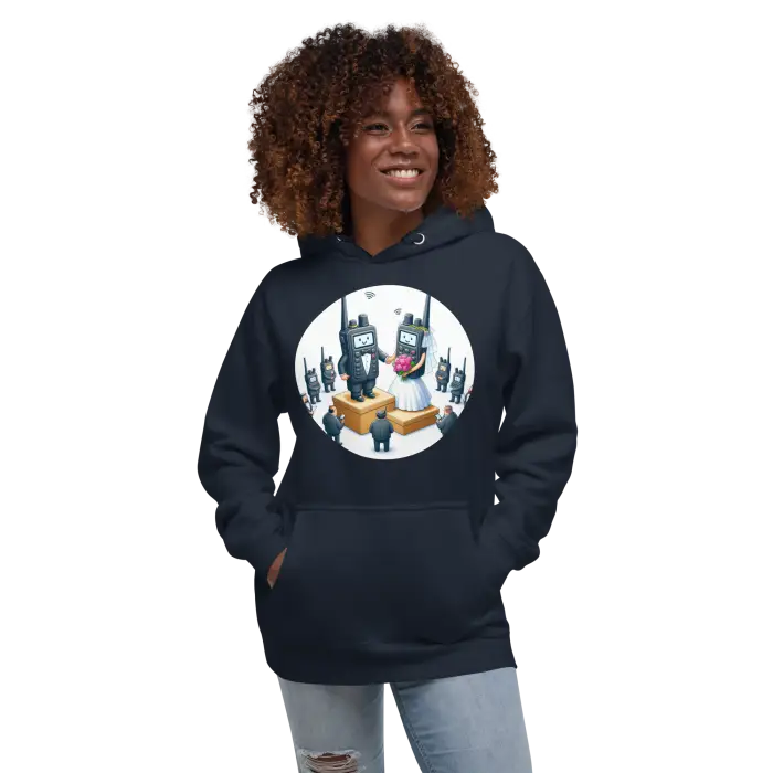 Navy hoodie with cartoon walkie-talkie wedding graphic.