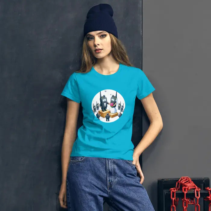 Woman wearing a turquoise t-shirt.