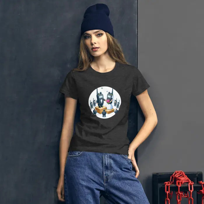 Dark t-shirt with a walkie-talkie graphic.