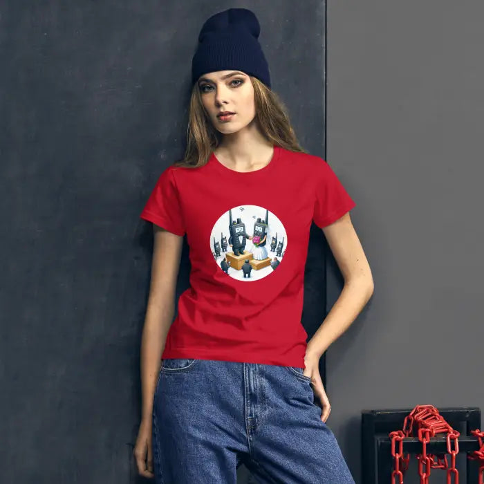 Red t-shirt with walkie-talkie graphic.