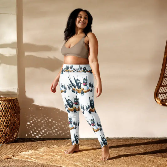 Woman wearing patterned leggings.