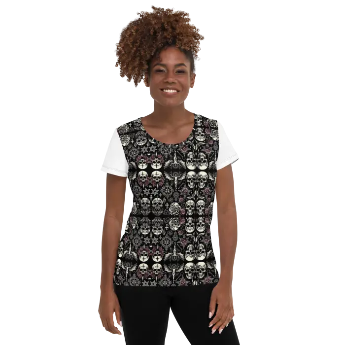 RadioWave Activewear Skull With Red Rose Women s Goth Inspired All Over Print Women s Athletic T shirt