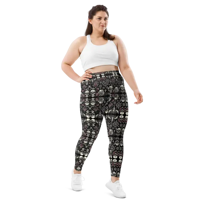 Woman wearing skull-patterned leggings.