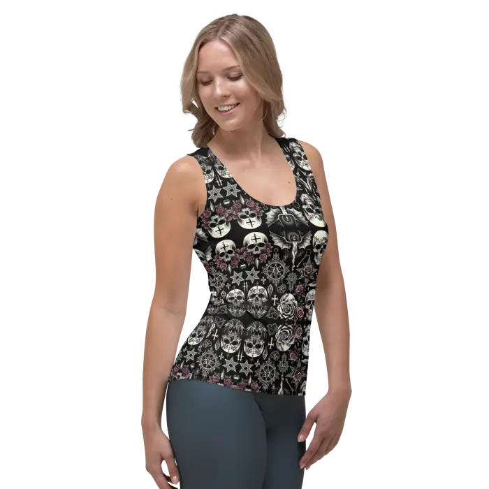 Woman wearing a skull-patterned tank top.
