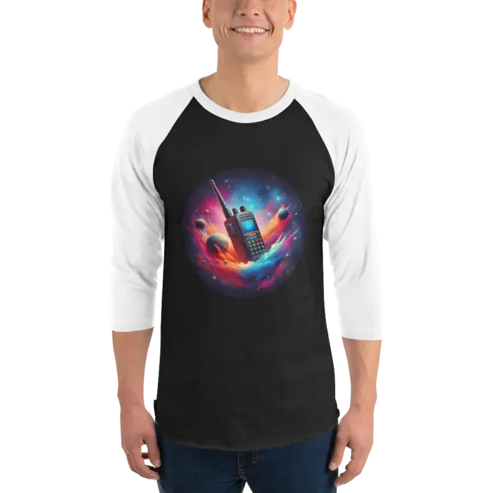 Black and white baseball tee with a walkie-talkie in space design.