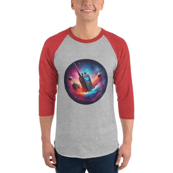Red and gray raglan shirt.