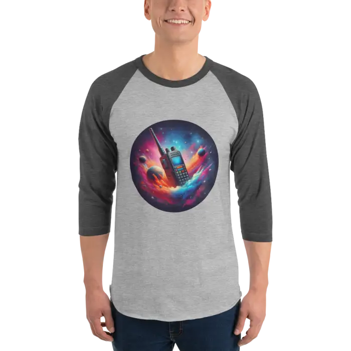 Gray baseball tee with walkie-talkie graphic.