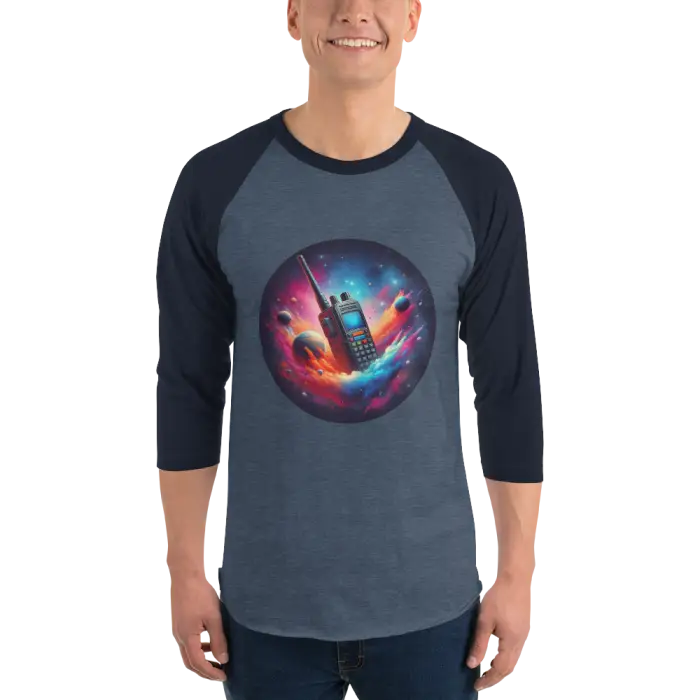 Raglan shirt with walkie-talkie graphic.