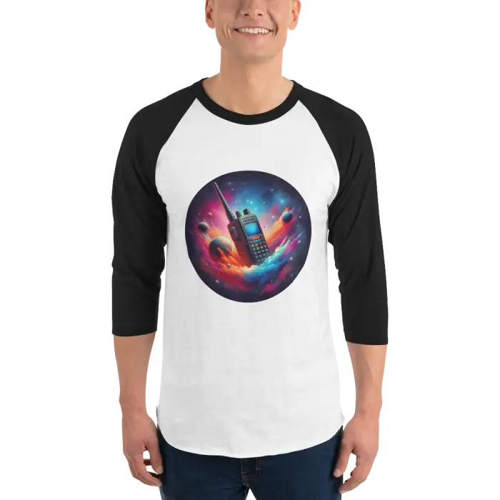 White baseball tee with space walkie-talkie design.
