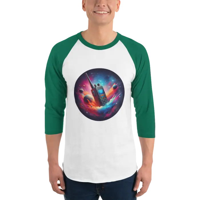 White and green raglan shirt with walkie-talkie design.