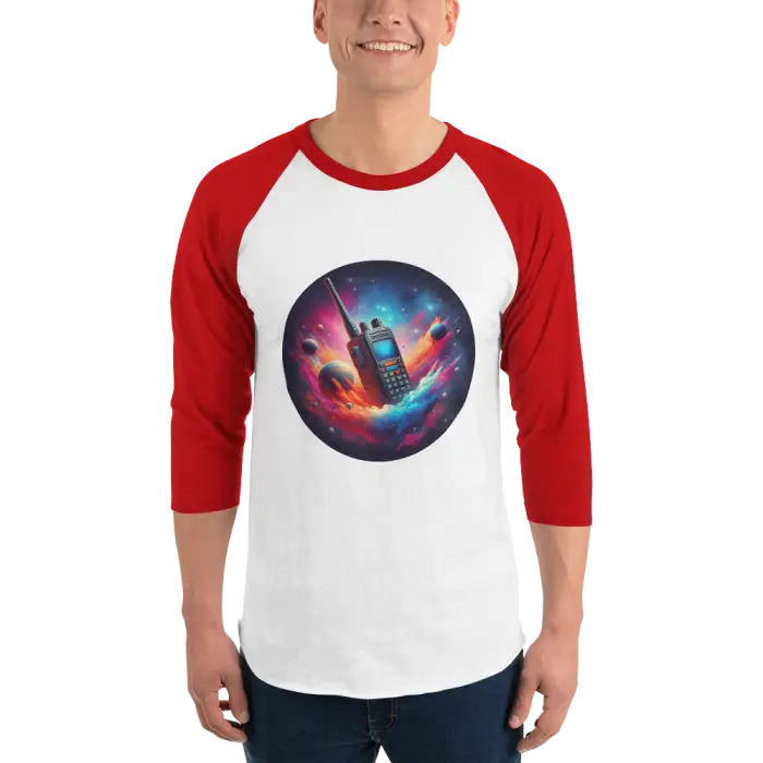 Red and white baseball tee with walkie-talkie graphic.