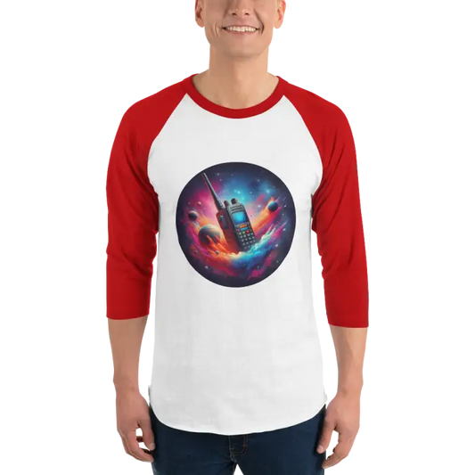 Red and white baseball tee with walkie-talkie graphic.