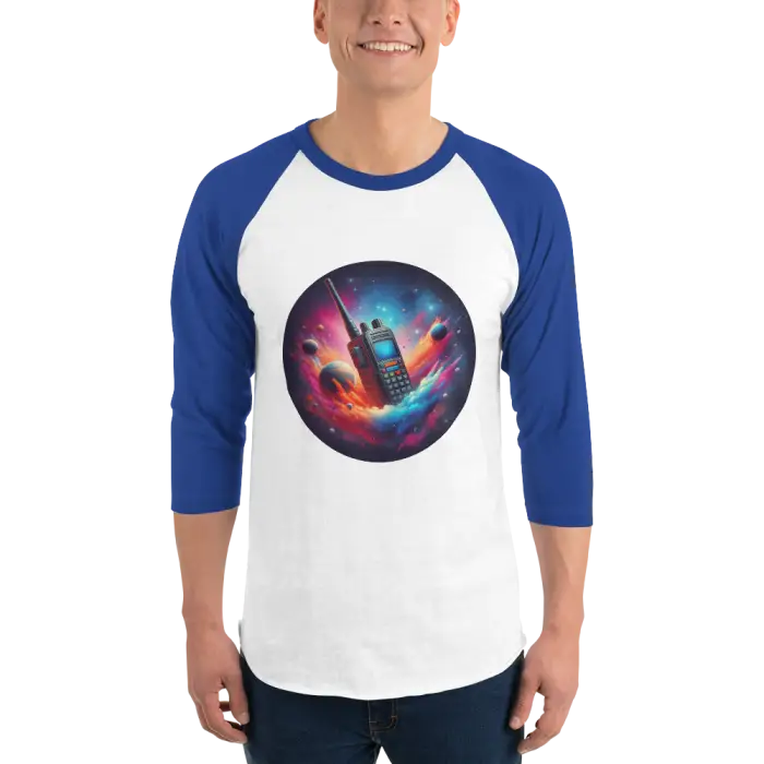 Blue-sleeved raglan shirt with walkie-talkie graphic.