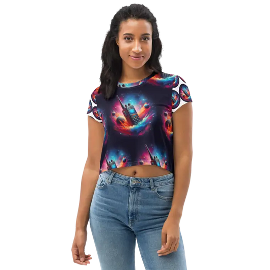 Woman wearing a patterned crop top.