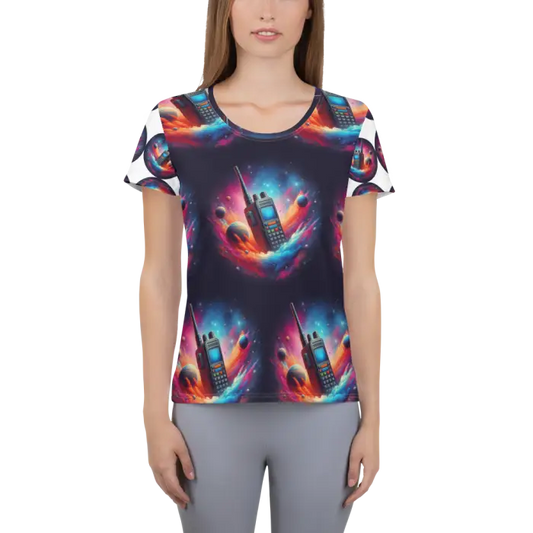 Woman’s patterned t-shirt.